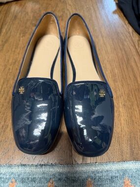 Tory Burch Navy Patent Loafers with Gold Logo